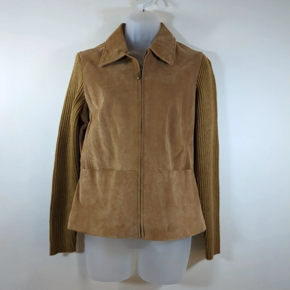 A.M.I. leather jacket with knit sleeves brown jacket, size PM